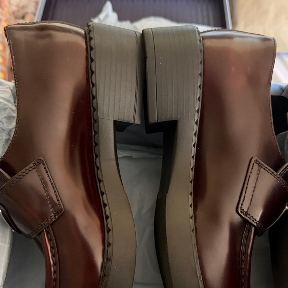 Prada Women's Triangle Logo Loafers Spazzolato Leather Dark Burgundy - Picture 7 of 12